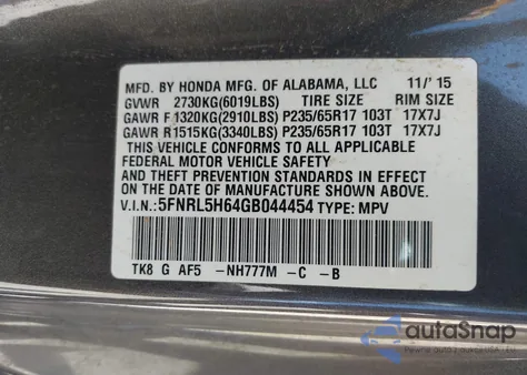 2016 Honda Odyssey Ex-L from USA, damaged, VIN 5FNRL5H64GB044454